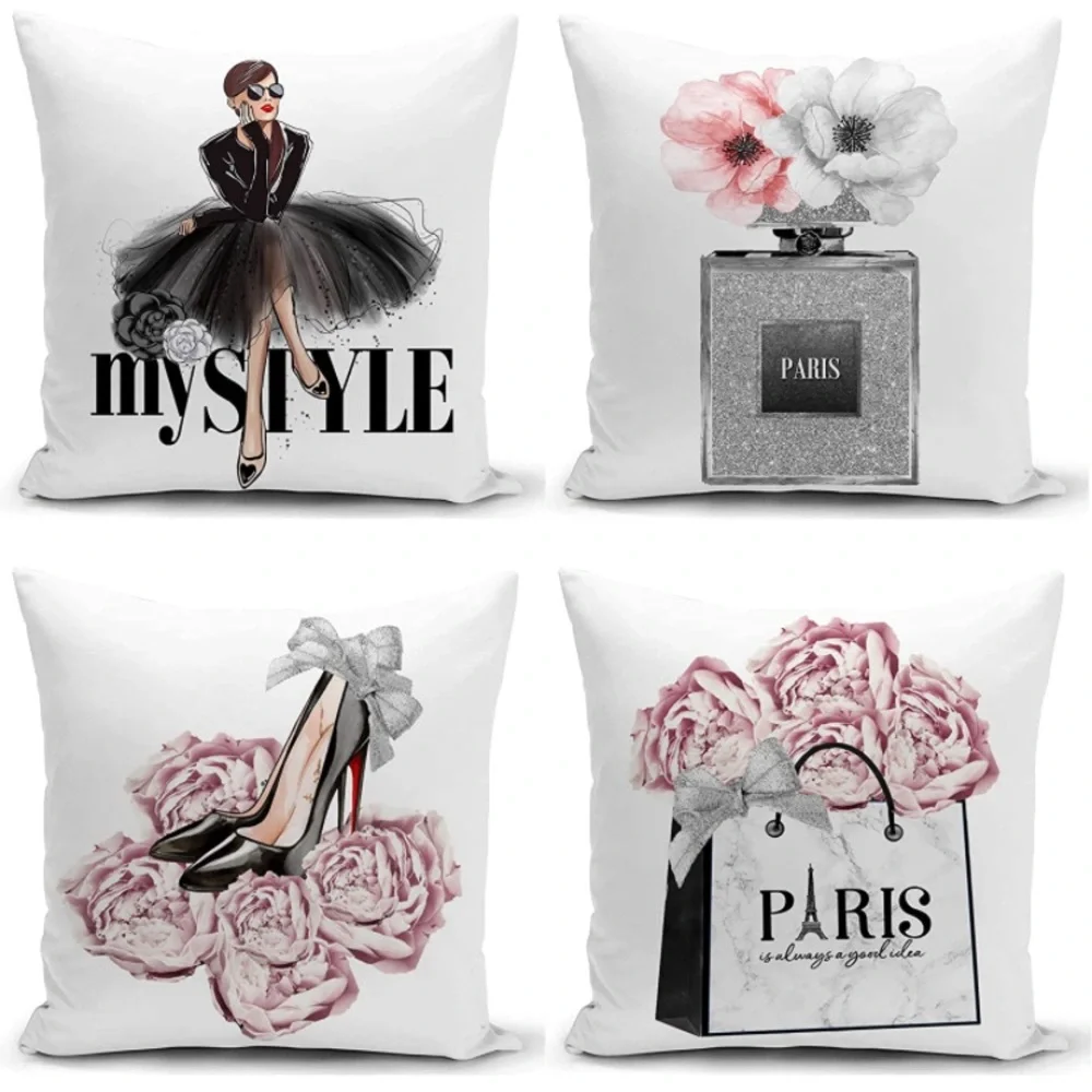 Set of 4 18x18 Decorative Pillow Covers Pink/Gray Fashion Style